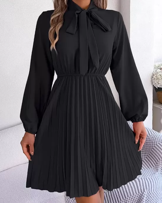 Pleated Solid Color Tied Long Sleeves Loose Mock Neck Mini Dresses