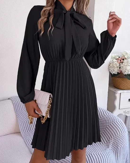 Pleated Solid Color Tied Long Sleeves Loose Mock Neck Mini Dresses