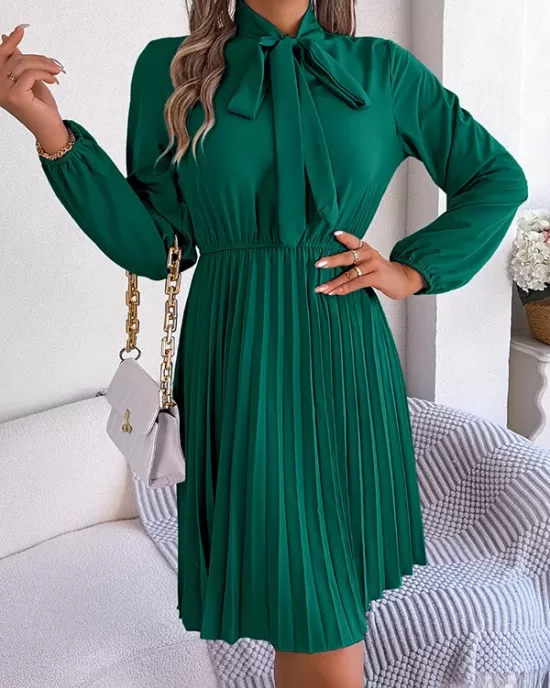 Pleated Solid Color Tied Long Sleeves Loose Mock Neck Mini Dresses