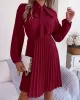 Pleated Solid Color Tied Long Sleeves Loose Mock Neck Mini Dresses