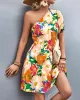 Flower Print Split-Joint A-Line Bishop Sleeve One-Shoulder Mini Dresses