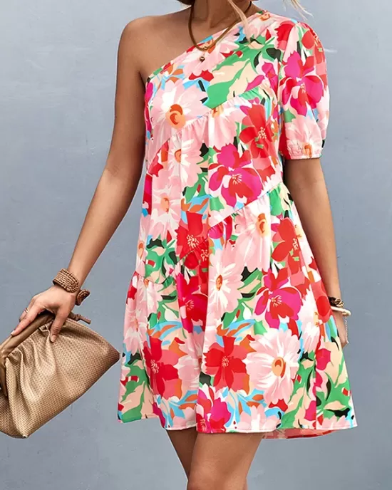 Flower Print Split-Joint A-Line Bishop Sleeve One-Shoulder Mini Dresses