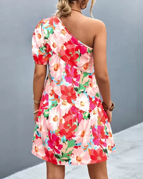 Flower Print Split-Joint A-Line Bishop Sleeve One-Shoulder Mini Dresses