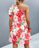 Flower Print Split-Joint A-Line Bishop Sleeve One-Shoulder Mini Dresses