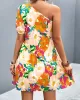 Flower Print Split-Joint A-Line Bishop Sleeve One-Shoulder Mini Dresses