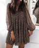 Buttoned Leopard Pleated Long Sleeves Loose V-Neck Mini Dresses