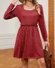 Pleated Solid Color A-Line Long Sleeves Square-Neck Mini Dresses