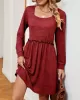 Pleated Solid Color A-Line Long Sleeves Square-Neck Mini Dresses