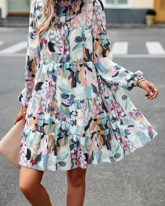 Printed Split-Joint Tied A-Line High Waisted Mock Neck Mini Dresses