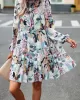 Printed Split-Joint Tied A-Line High Waisted Mock Neck Mini Dresses