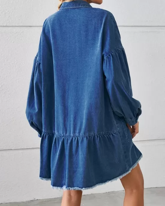 Buttoned Fringed Pleated Pockets Split-Joint Long Sleeves Loose Lapel Mini Dresses