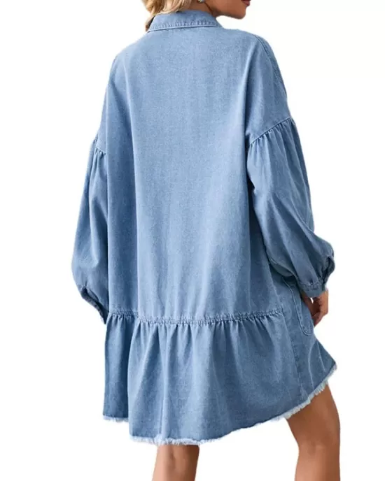 Buttoned Fringed Pleated Pockets Split-Joint Long Sleeves Loose Lapel Mini Dresses