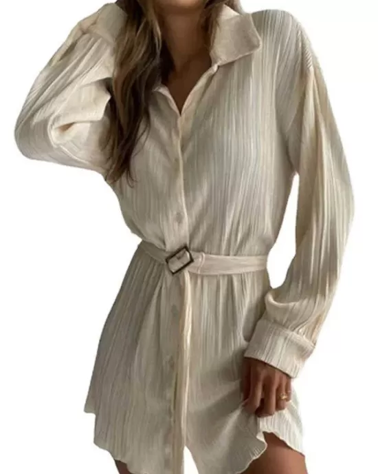 Buttoned Pleated Solid Color Tied Waist Long Sleeves Lapel Shirt Dress Mini Dresses