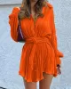 Buttoned Pleated Solid Color Tied Waist Long Sleeves Lapel Shirt Dress Mini Dresses