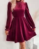 Hollow Ruffled Solid Color Velvet A-Line High Waisted Mock Neck Mini Dresses