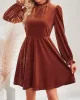 Hollow Ruffled Solid Color Velvet A-Line High Waisted Mock Neck Mini Dresses