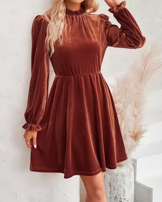 Hollow Ruffled Solid Color Velvet A-Line High Waisted Mock Neck Mini Dresses