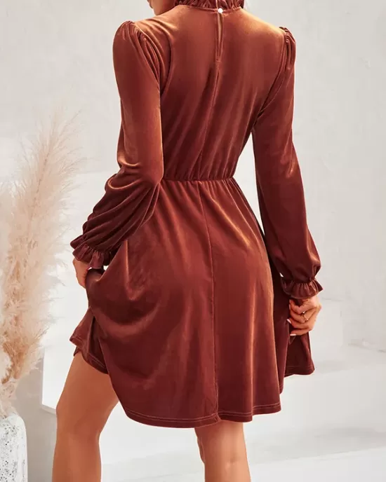 Hollow Ruffled Solid Color Velvet A-Line High Waisted Mock Neck Mini Dresses