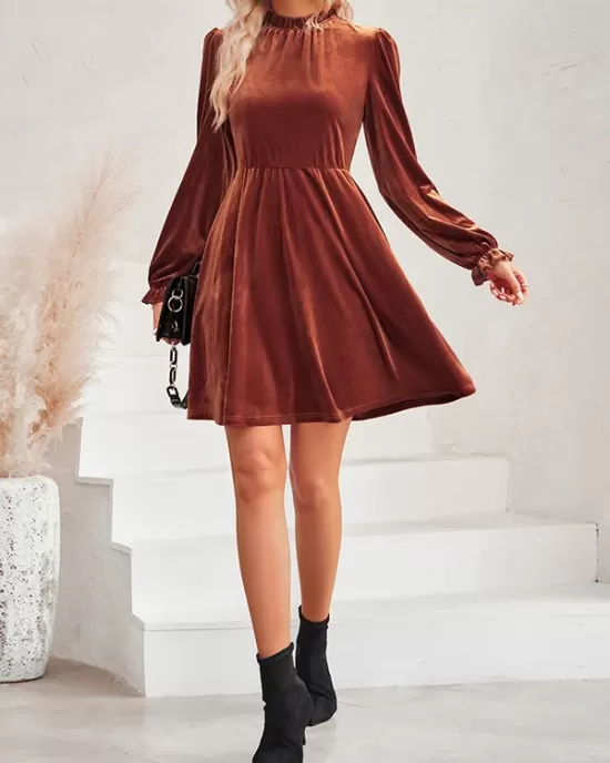 Hollow Ruffled Solid Color Velvet A-Line High Waisted Mock Neck Mini Dresses