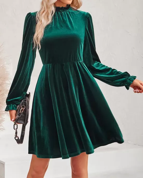 Hollow Ruffled Solid Color Velvet A-Line High Waisted Mock Neck Mini Dresses