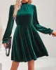 Hollow Ruffled Solid Color Velvet A-Line High Waisted Mock Neck Mini Dresses