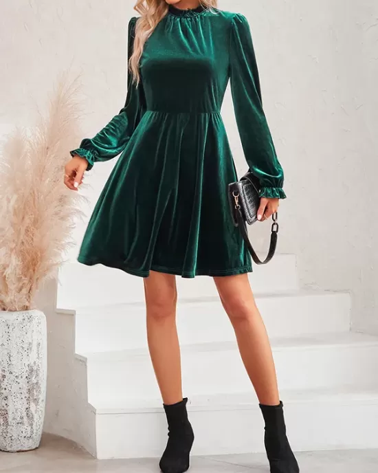 Hollow Ruffled Solid Color Velvet A-Line High Waisted Mock Neck Mini Dresses