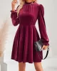 Hollow Ruffled Solid Color Velvet A-Line High Waisted Mock Neck Mini Dresses