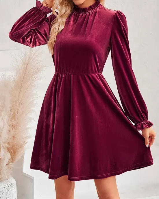 Hollow Ruffled Solid Color Velvet A-Line High Waisted Mock Neck Mini Dresses