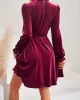 Hollow Ruffled Solid Color Velvet A-Line High Waisted Mock Neck Mini Dresses