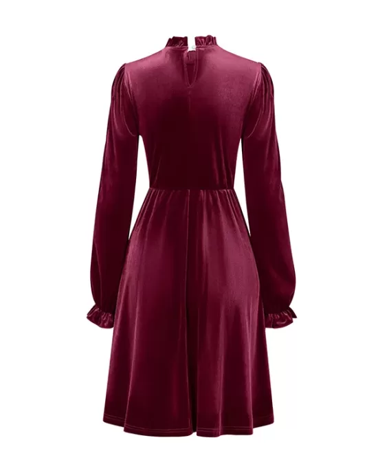 Hollow Ruffled Solid Color Velvet A-Line High Waisted Mock Neck Mini Dresses