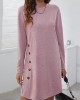 Asymmetric Buttoned Long Sleeves Loose Round-Neck Mini Dresses