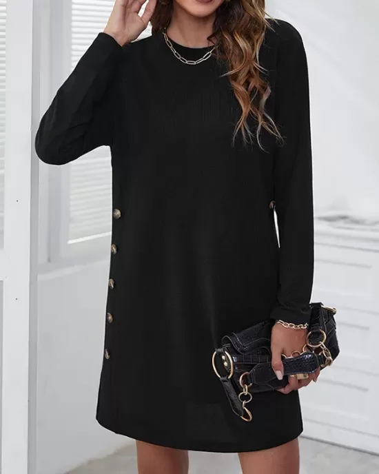 Asymmetric Buttoned Long Sleeves Loose Round-Neck Mini Dresses