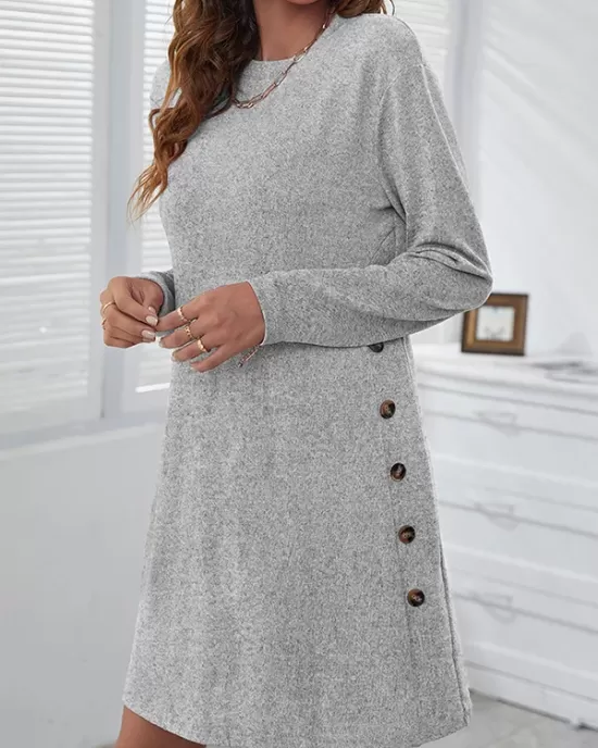 Asymmetric Buttoned Long Sleeves Loose Round-Neck Mini Dresses