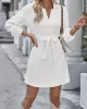 Jacquard Solid Color Tied Waist Long Sleeves V-neck Mini Dresses