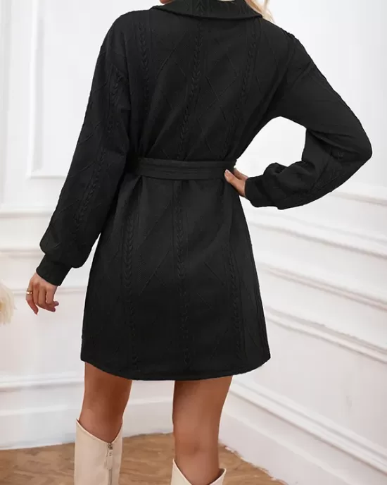 Jacquard Solid Color Tied Waist Long Sleeves V-neck Mini Dresses