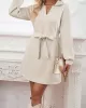 Jacquard Solid Color Tied Waist Long Sleeves V-neck Mini Dresses