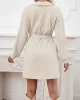 Jacquard Solid Color Tied Waist Long Sleeves V-neck Mini Dresses