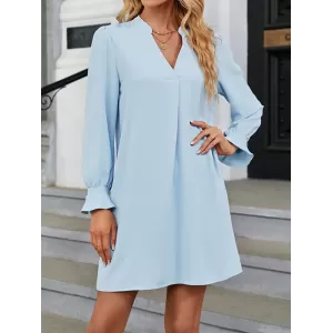 Ruffled Solid Color A-Line Long Sleeves V-Neck Mini Dresses