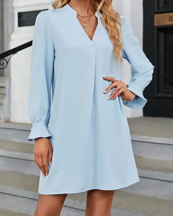 Ruffled Solid Color A-Line Long Sleeves V-Neck Mini Dresses