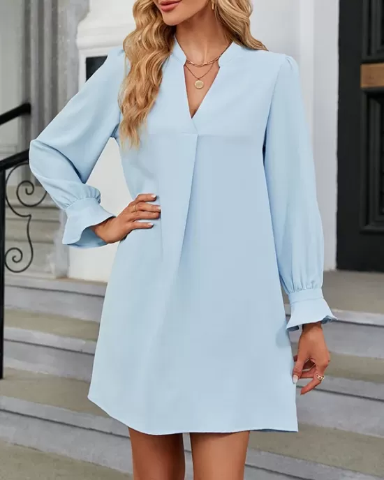 Ruffled Solid Color A-Line Long Sleeves V-Neck Mini Dresses