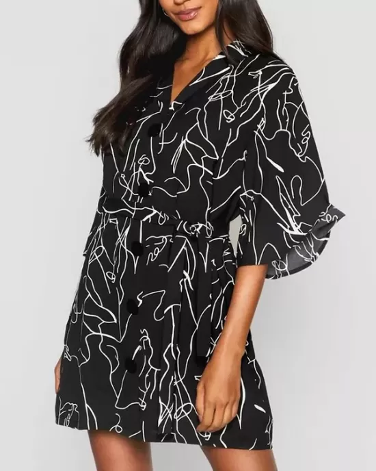 Buttoned Elasticity Pleated Printed Batwing Sleeves Half Sleeves V-Neck Mini Dresses