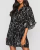 Buttoned Elasticity Pleated Printed Batwing Sleeves Half Sleeves V-Neck Mini Dresses