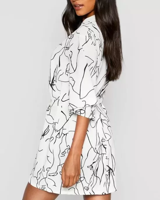 Buttoned Elasticity Pleated Printed Batwing Sleeves Half Sleeves V-Neck Mini Dresses