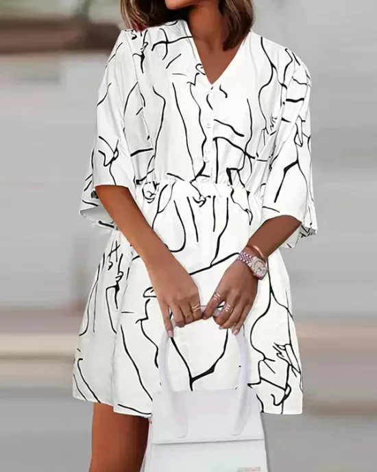 Buttoned Elasticity Pleated Printed Batwing Sleeves Half Sleeves V-Neck Mini Dresses