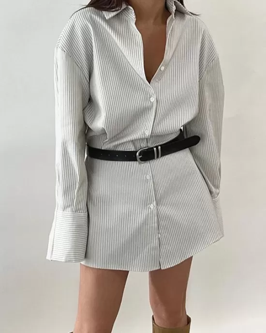 Buttoned Striped Flared Sleeves Long Sleeves Lapel Shirt Dress Mini Dresses