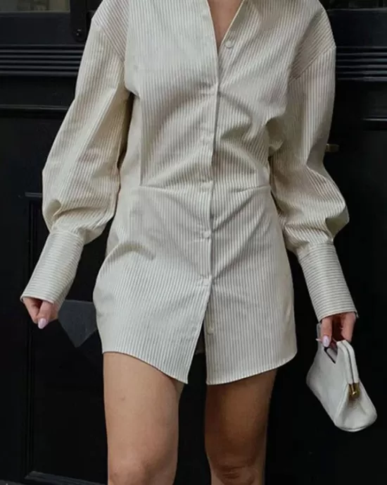 Buttoned Striped Flared Sleeves Long Sleeves Lapel Shirt Dress Mini Dresses