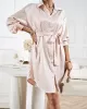 Buttoned Leopard Tied Waist Long Sleeves Loose Lapel Shirt Dress Mini Dresses