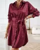 Buttoned Leopard Tied Waist Long Sleeves Loose Lapel Shirt Dress Mini Dresses