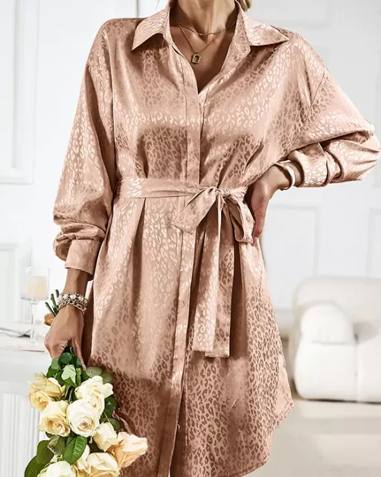 Buttoned Leopard Tied Waist Long Sleeves Loose Lapel Shirt Dress Mini Dresses