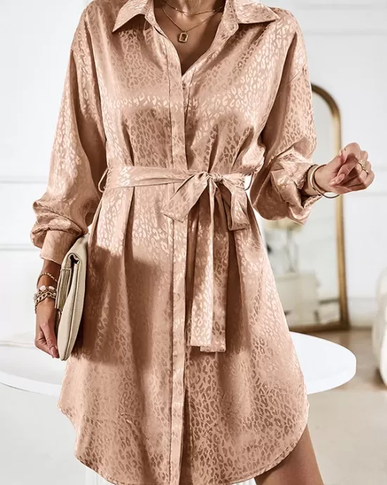 Buttoned Leopard Tied Waist Long Sleeves Loose Lapel Shirt Dress Mini Dresses